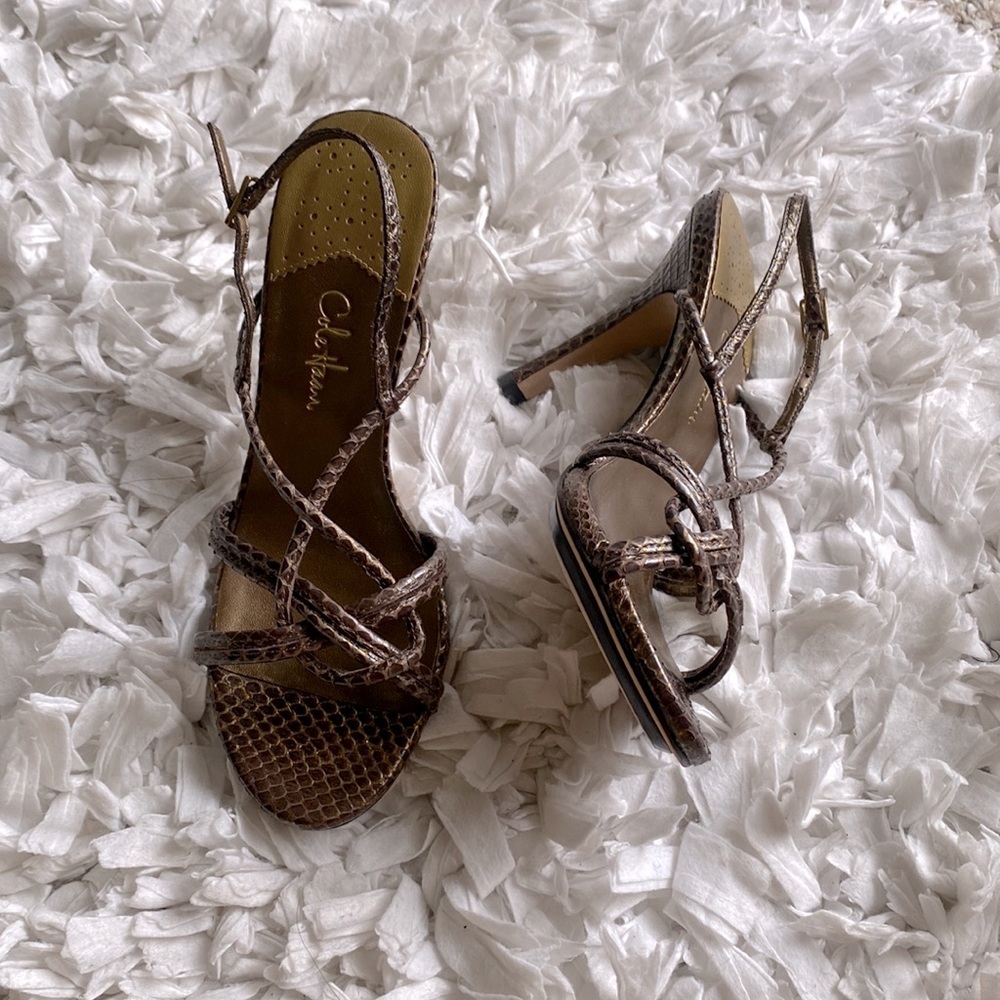 Cole Haan Brown Snake-Print Strappy Heels